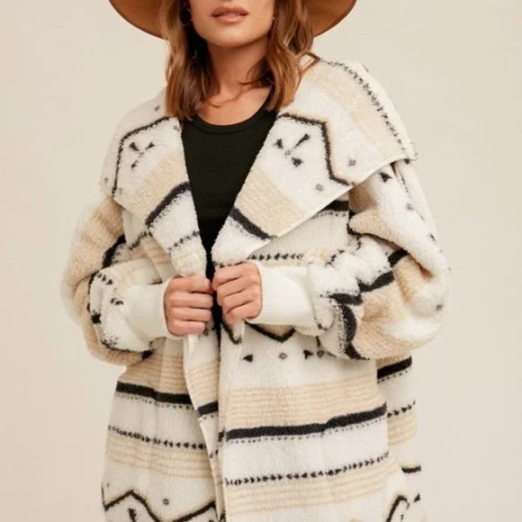 New Cozy Oversized Teddy Hooded Cardigan Sweater Coat / Western Southwest - Picture 5 of 8